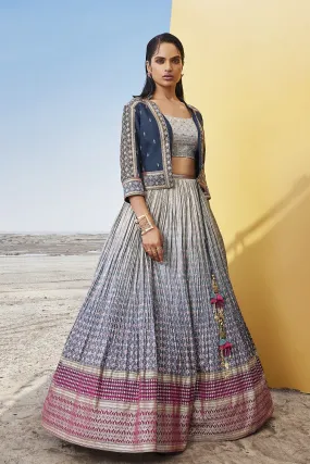 310068 Ombre Blue Printed Chanderi Silk Lehenga with Jacket