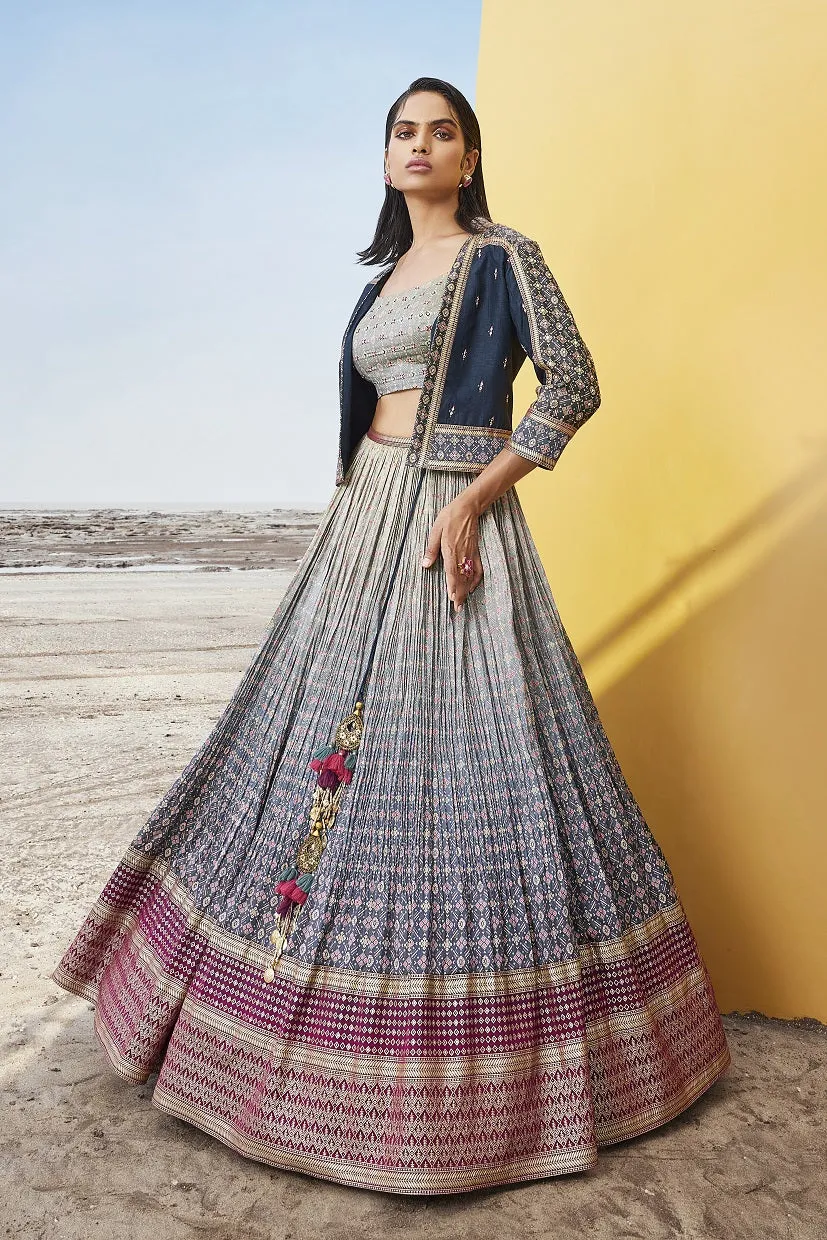 310068 Ombre Blue Printed Chanderi Silk Lehenga with Jacket