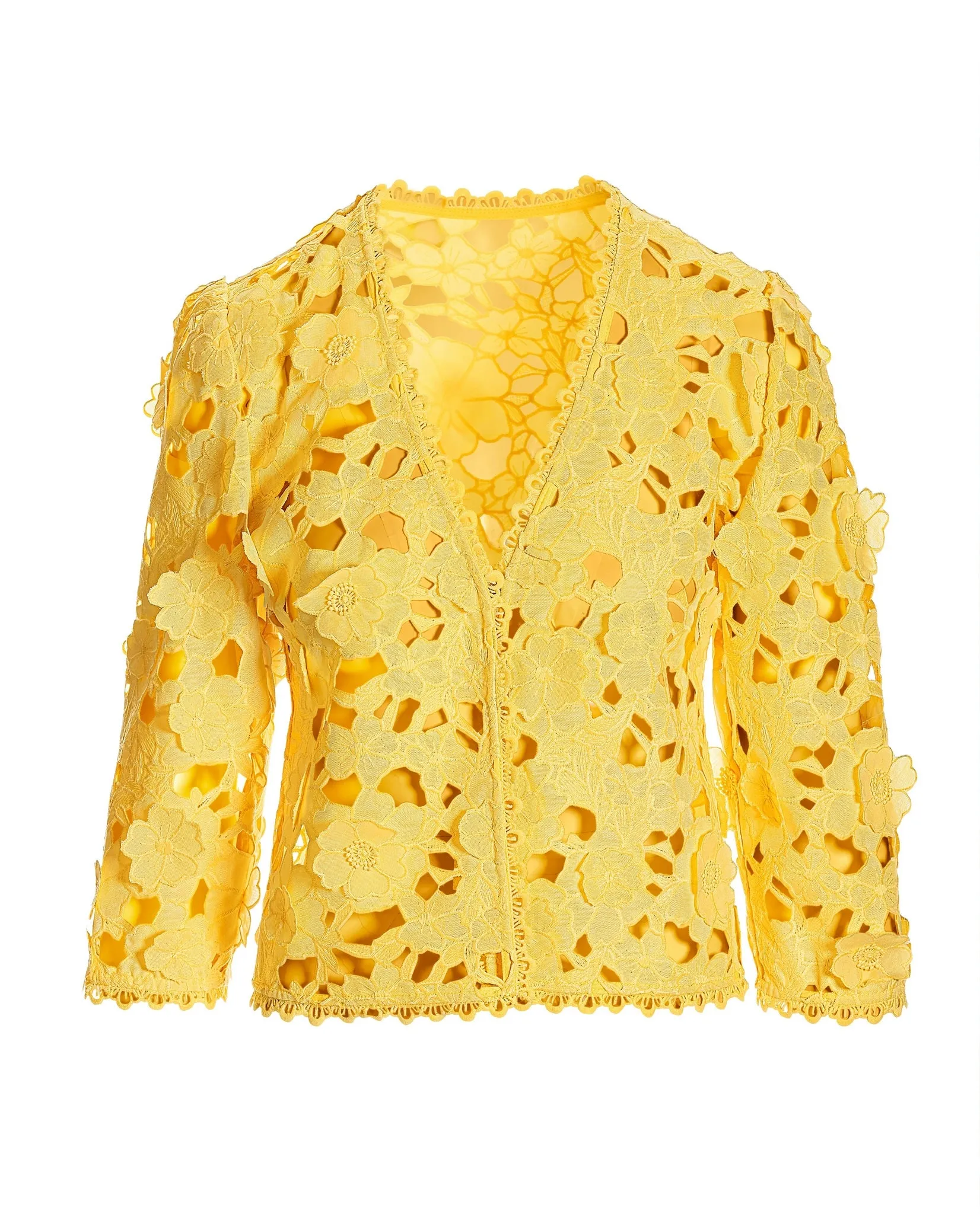 3D floral lace three-quarter sleeve jacket Lemon Drop