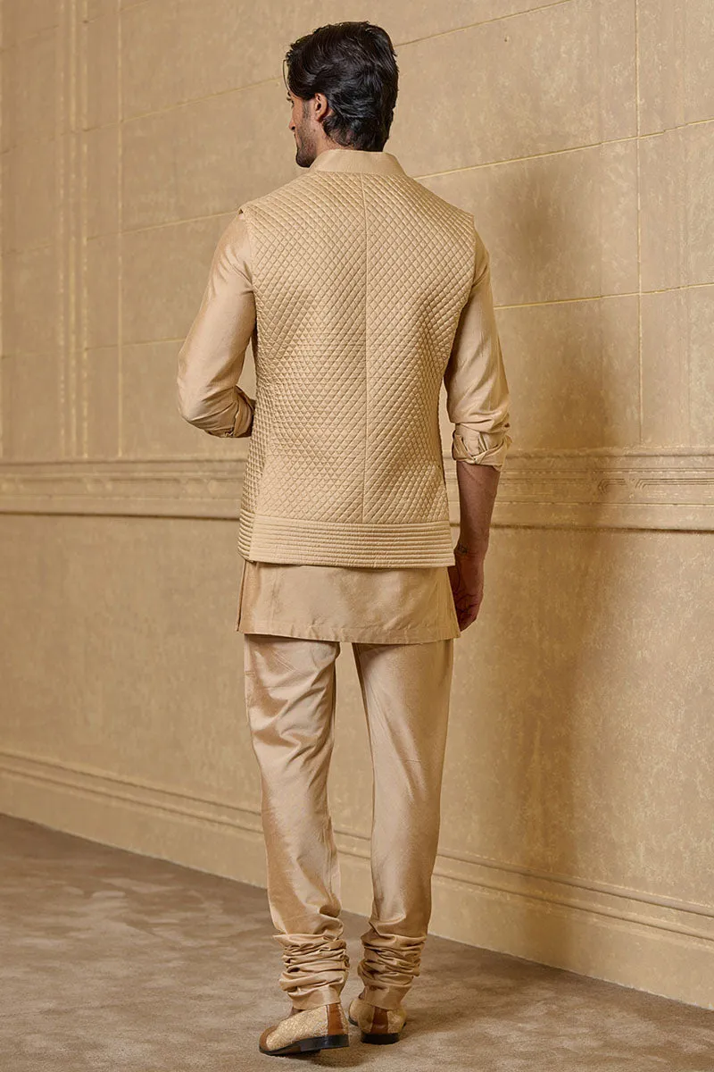 Beige Silk Quilted Kurta Bundi Set