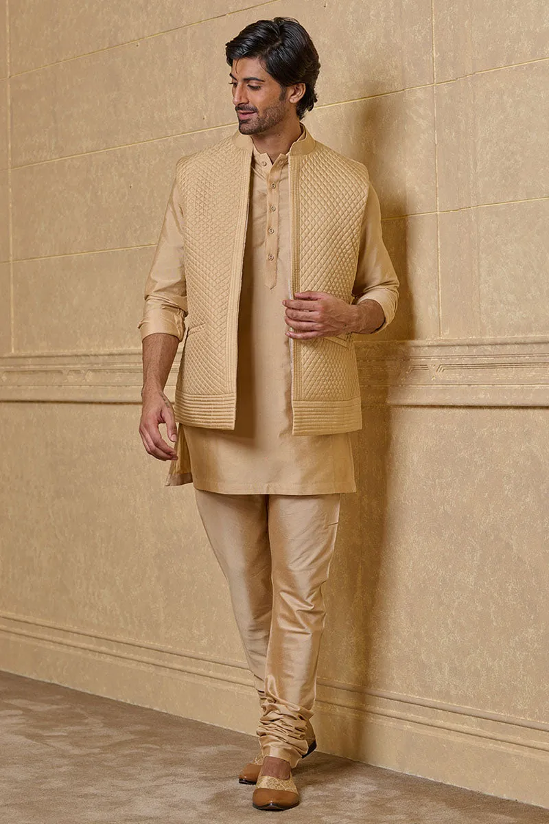 Beige Silk Quilted Kurta Bundi Set