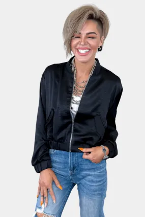 Black Satin Bomber Jacket