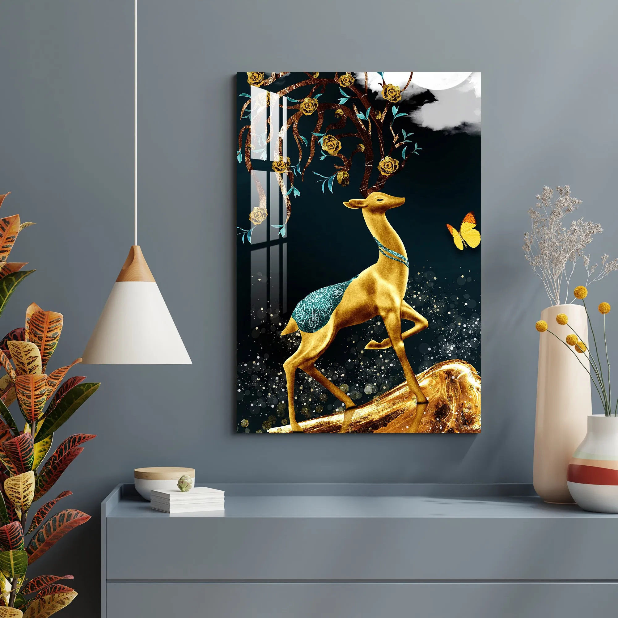 Boasting Golden Deer Acrylic Wall Art