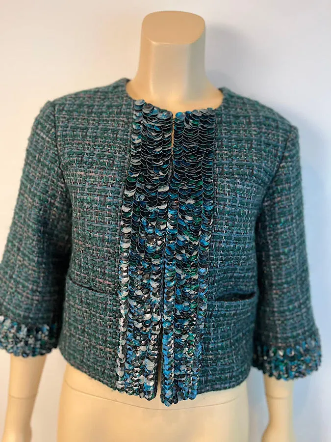 Chanel 12A 2012 Fall Tweed Sequin Green Jacket FR 34 US 2