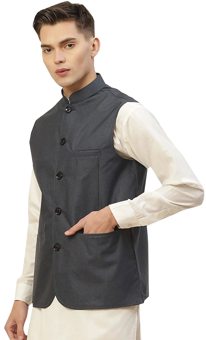 Classic Formal Nehru Jacket for Men with Mandarin Collar in Cotton (Blue)