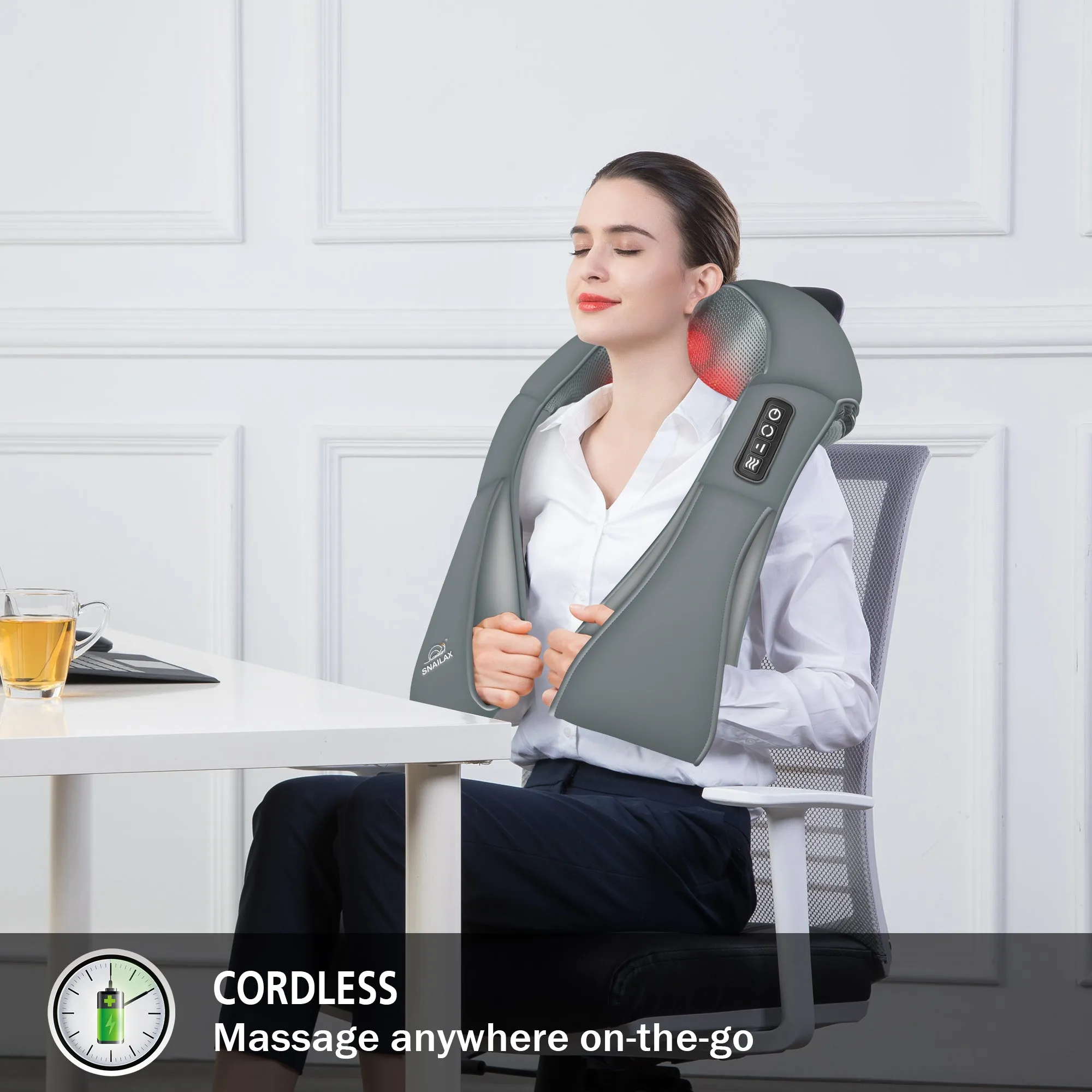 Cordless Neck Back Massager - Shiatsu Neck and Shoulder Massager with Heat (Grey) --632NC-G