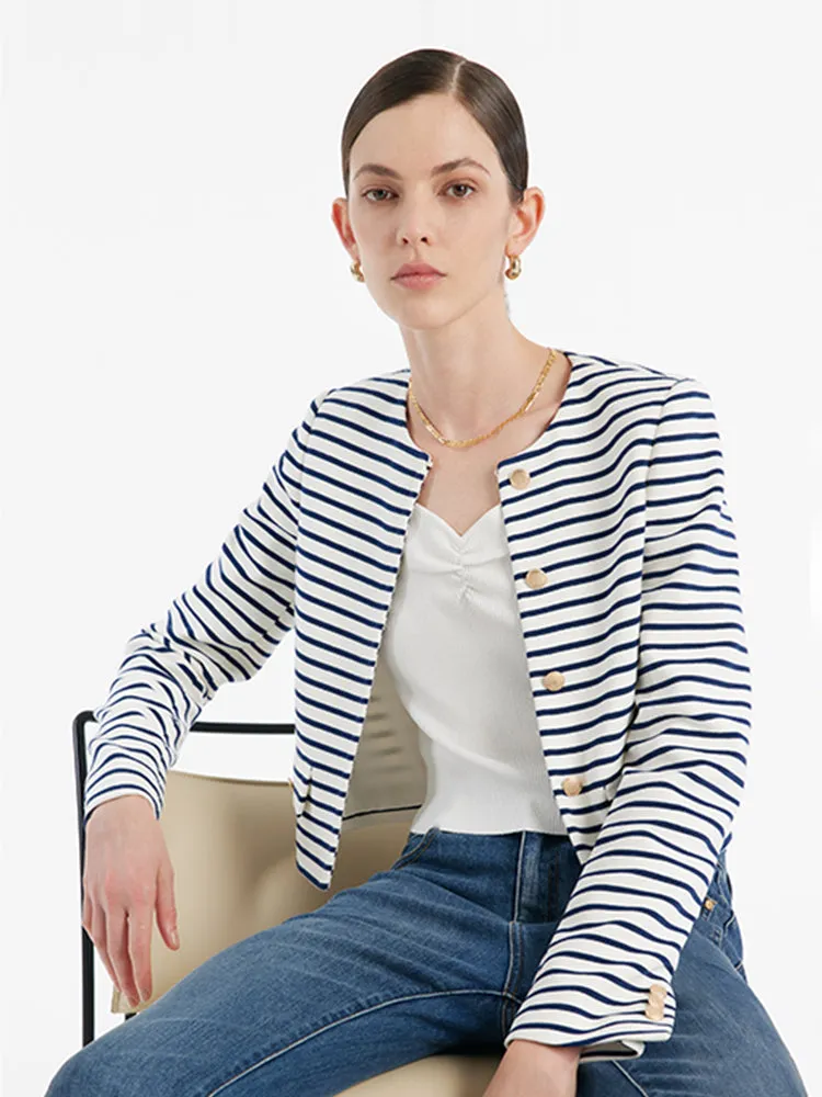 Cotton Striped Single-Breasted Women Crop Jacket