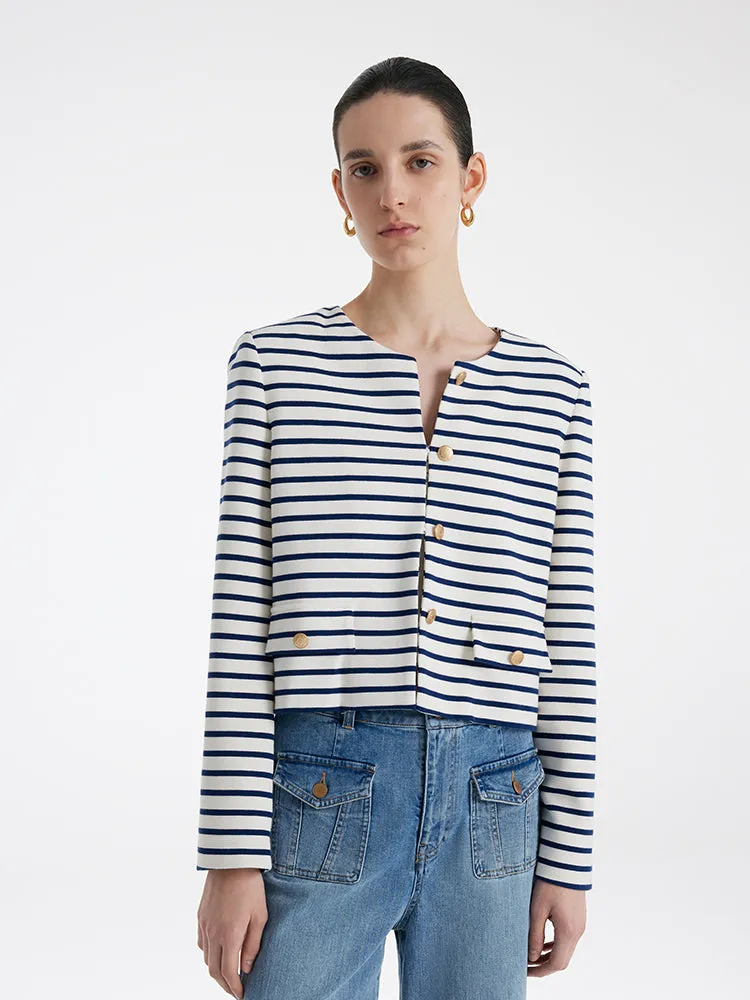 Cotton Striped Single-Breasted Women Crop Jacket