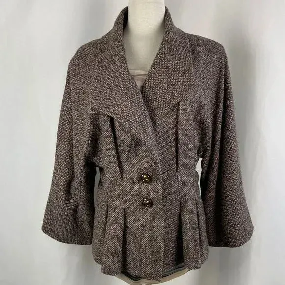 Escada Brown Tweed jacket silk print top/ brown slacks