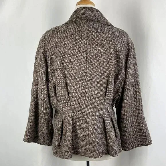 Escada Brown Tweed jacket silk print top/ brown slacks