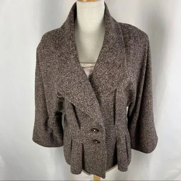 Escada Brown Tweed jacket silk print top/ brown slacks