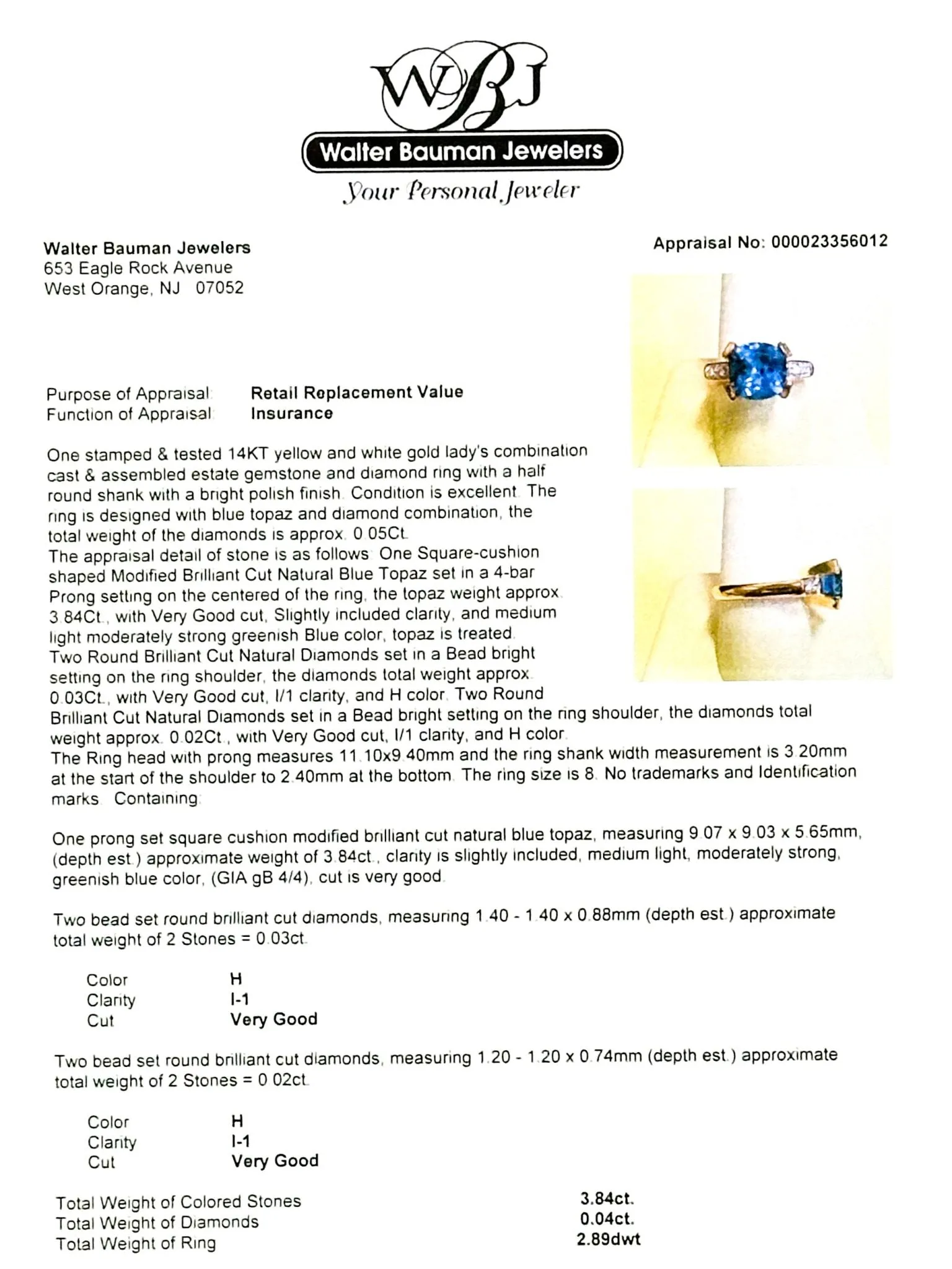 Estate 14K Y Gold 3.84ct Topaz & 0.04ctw H/I1 Diamond Ring