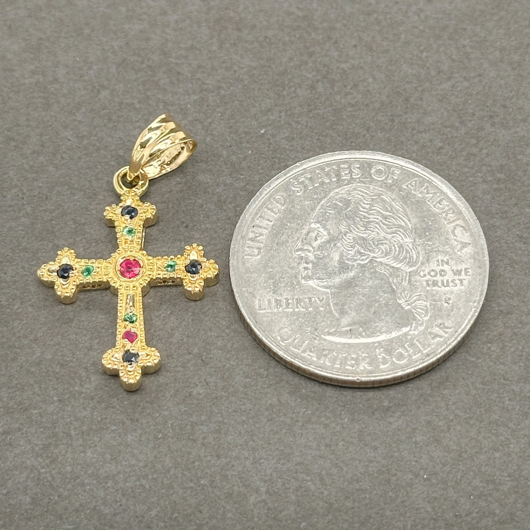 Estate 18K Y Gold 0.15ctw Sapphire, Ruby & Emerald Cross Pendant