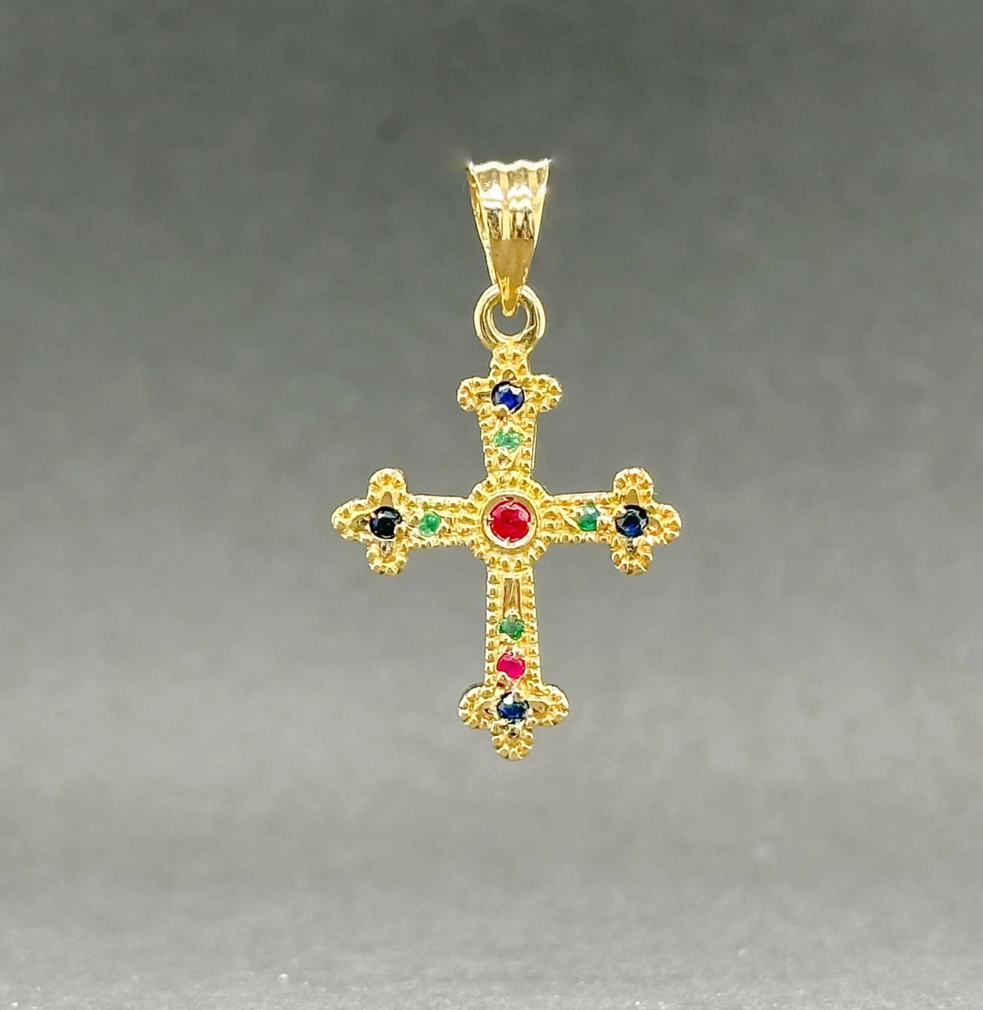 Estate 18K Y Gold 0.15ctw Sapphire, Ruby & Emerald Cross Pendant