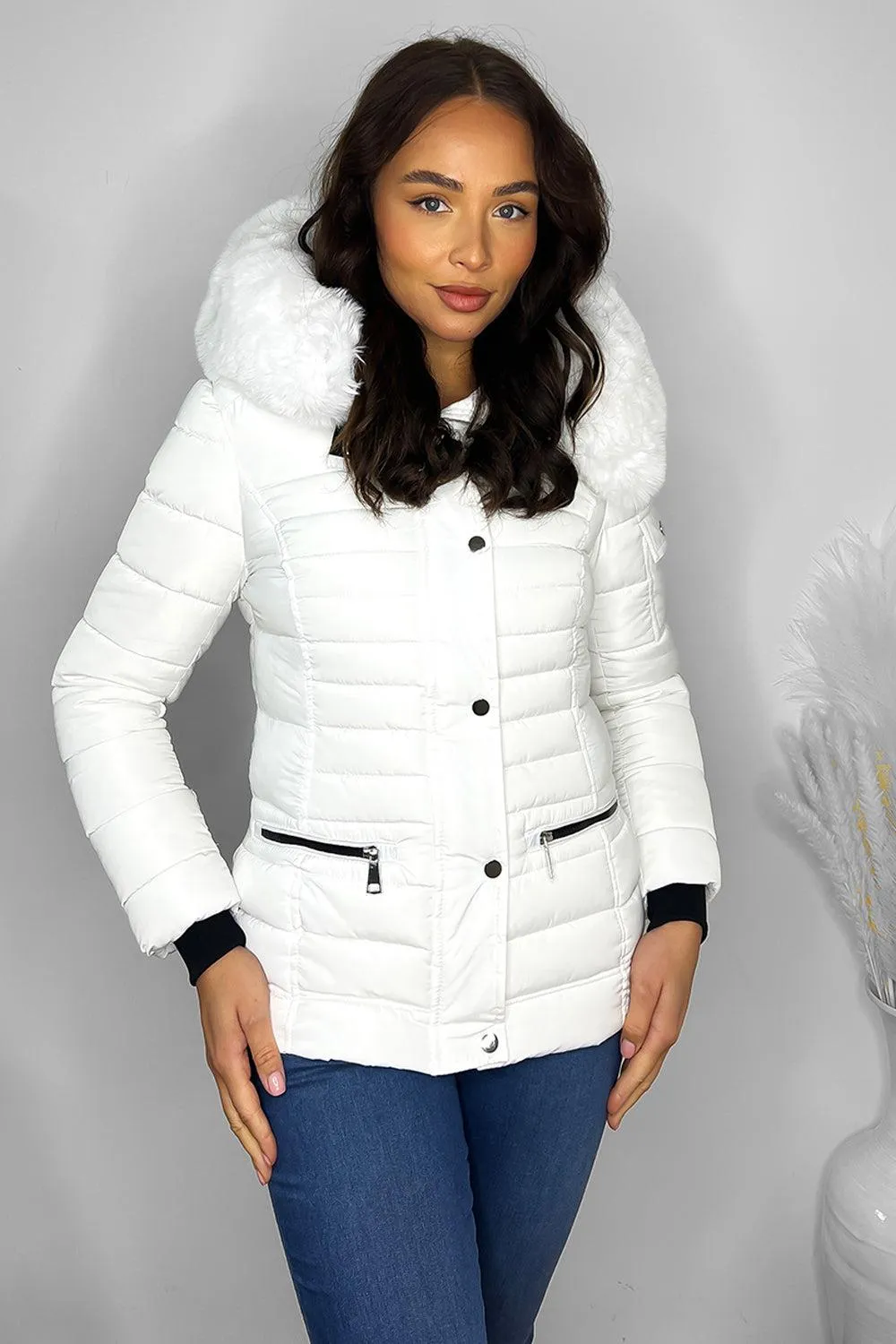 Faux Fur Trimmed Hoodie Belted And Quilted Winter Jacket