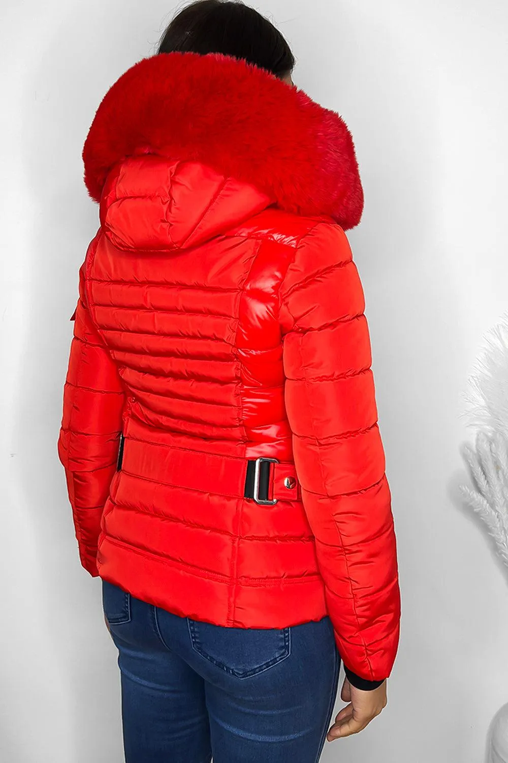 Faux Fur Trimmed Hoodie Belted And Quilted Winter Jacket