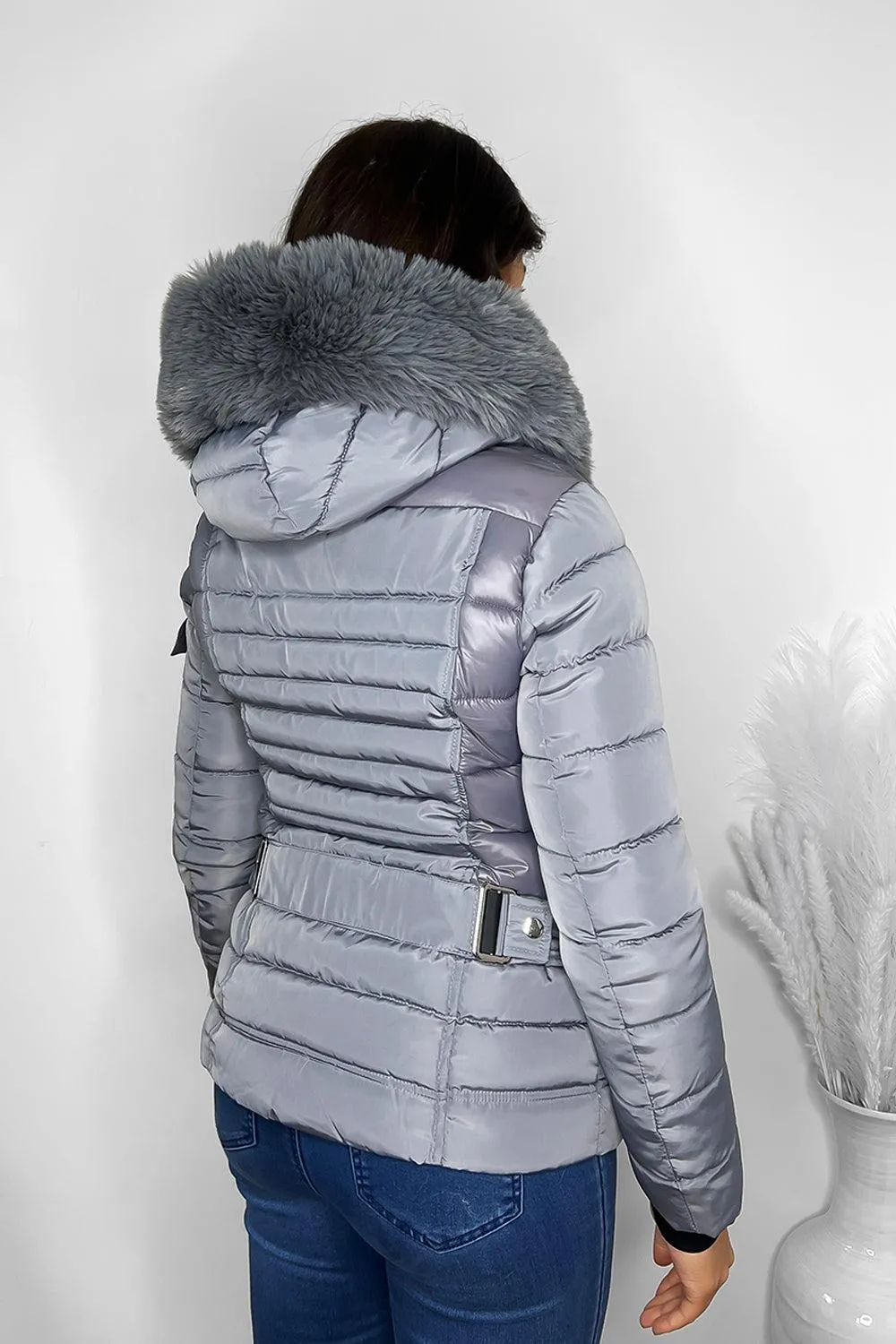 Faux Fur Trimmed Hoodie Belted And Quilted Winter Jacket