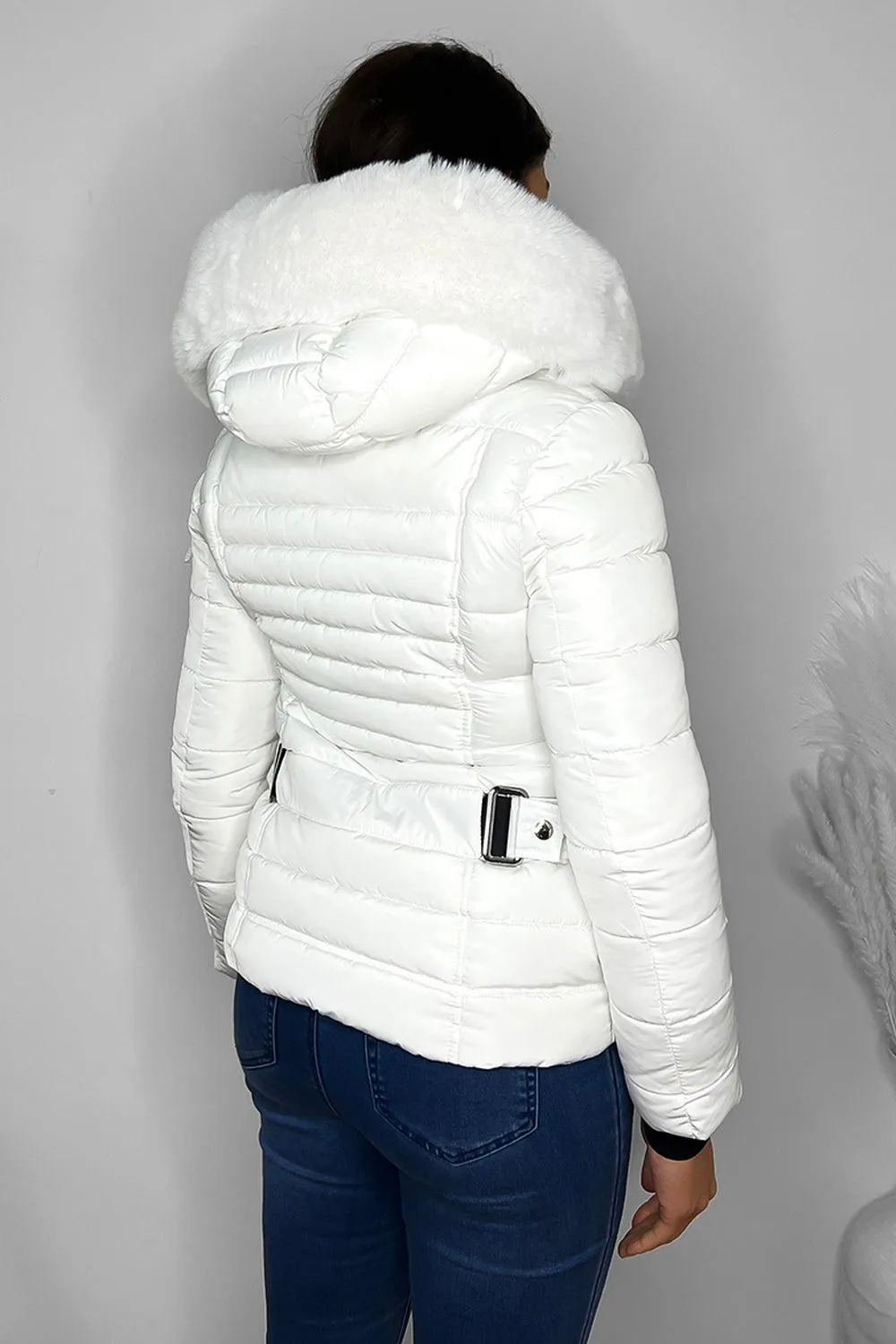 Faux Fur Trimmed Hoodie Belted And Quilted Winter Jacket