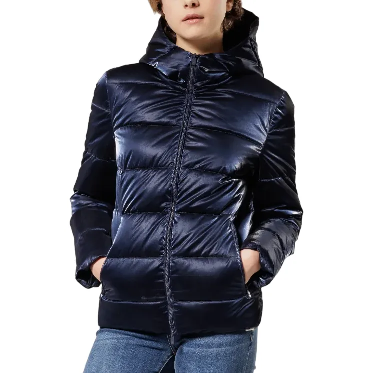 Griffai Short women's jacket with hood in liquid nylon DGF2253 navy