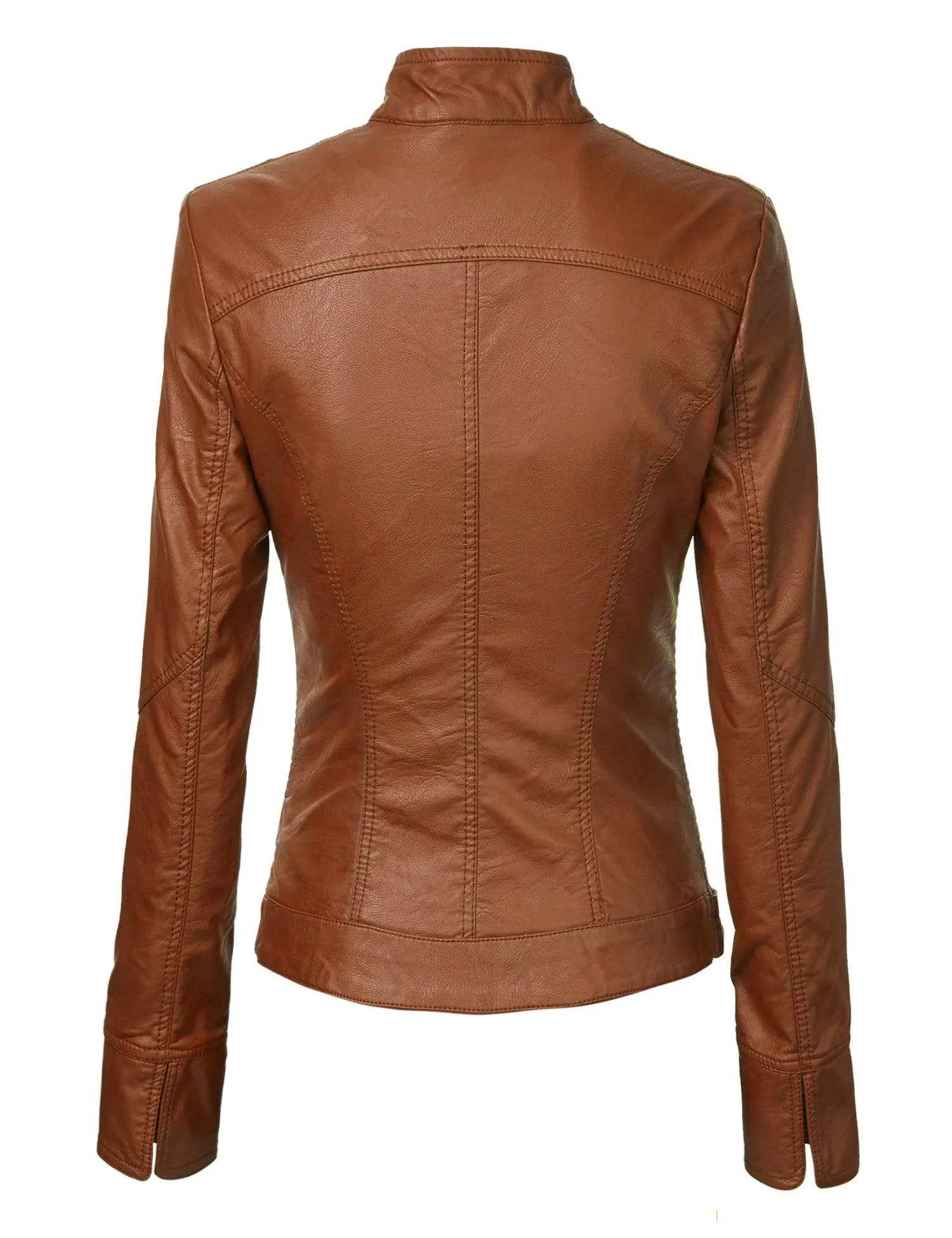 Made By Johnny MBJ Womens Faux Leather Zip Up Moto Biker Jacket with Stitching Detail