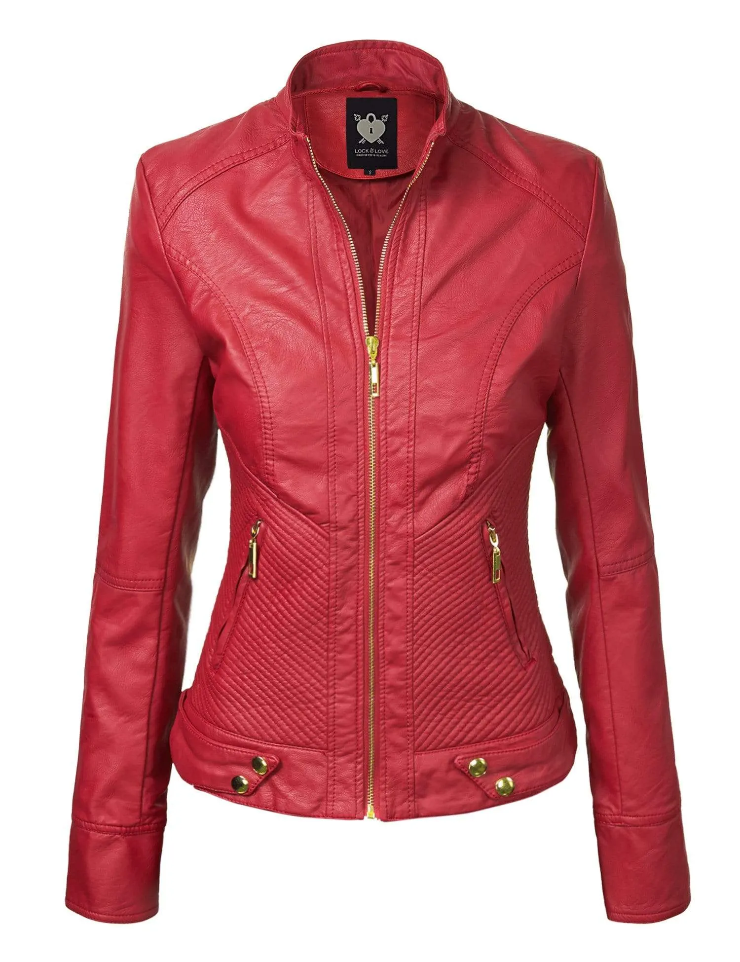 Made By Johnny MBJ Womens Faux Leather Zip Up Moto Biker Jacket with Stitching Detail