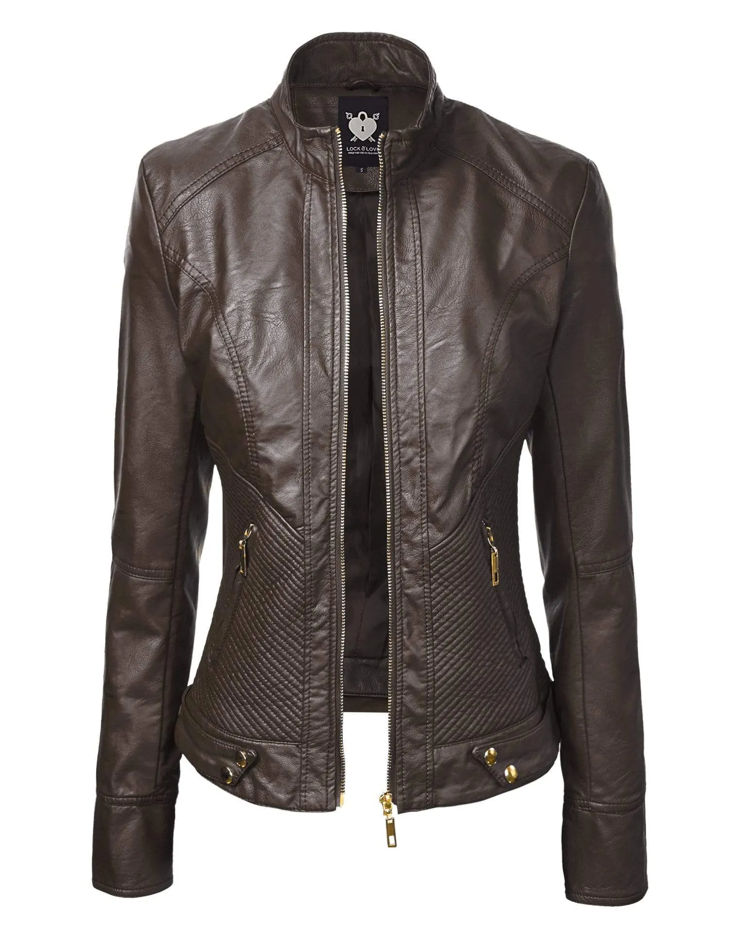 Made By Johnny MBJ Womens Faux Leather Zip Up Moto Biker Jacket with Stitching Detail