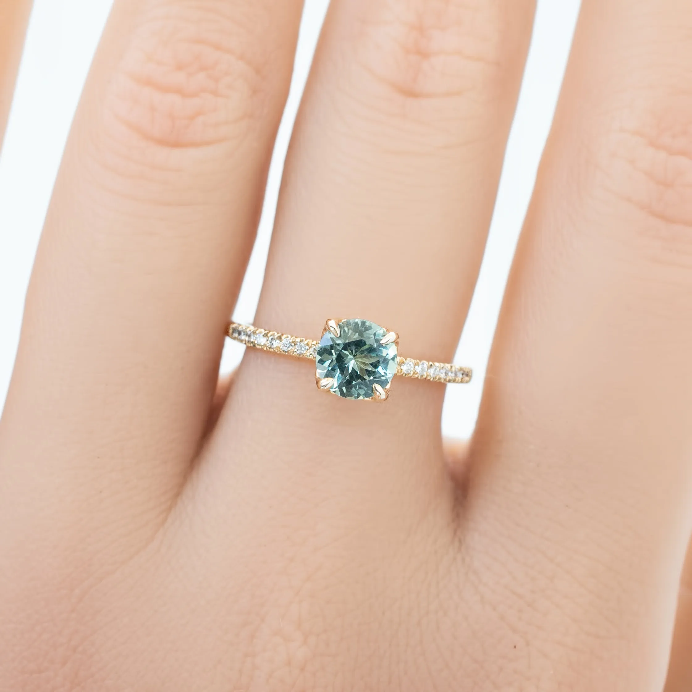 Maria Ring 1.08ct Light Blue Green Montana Sapphire, 14K Yellow Gold (One of a kind)