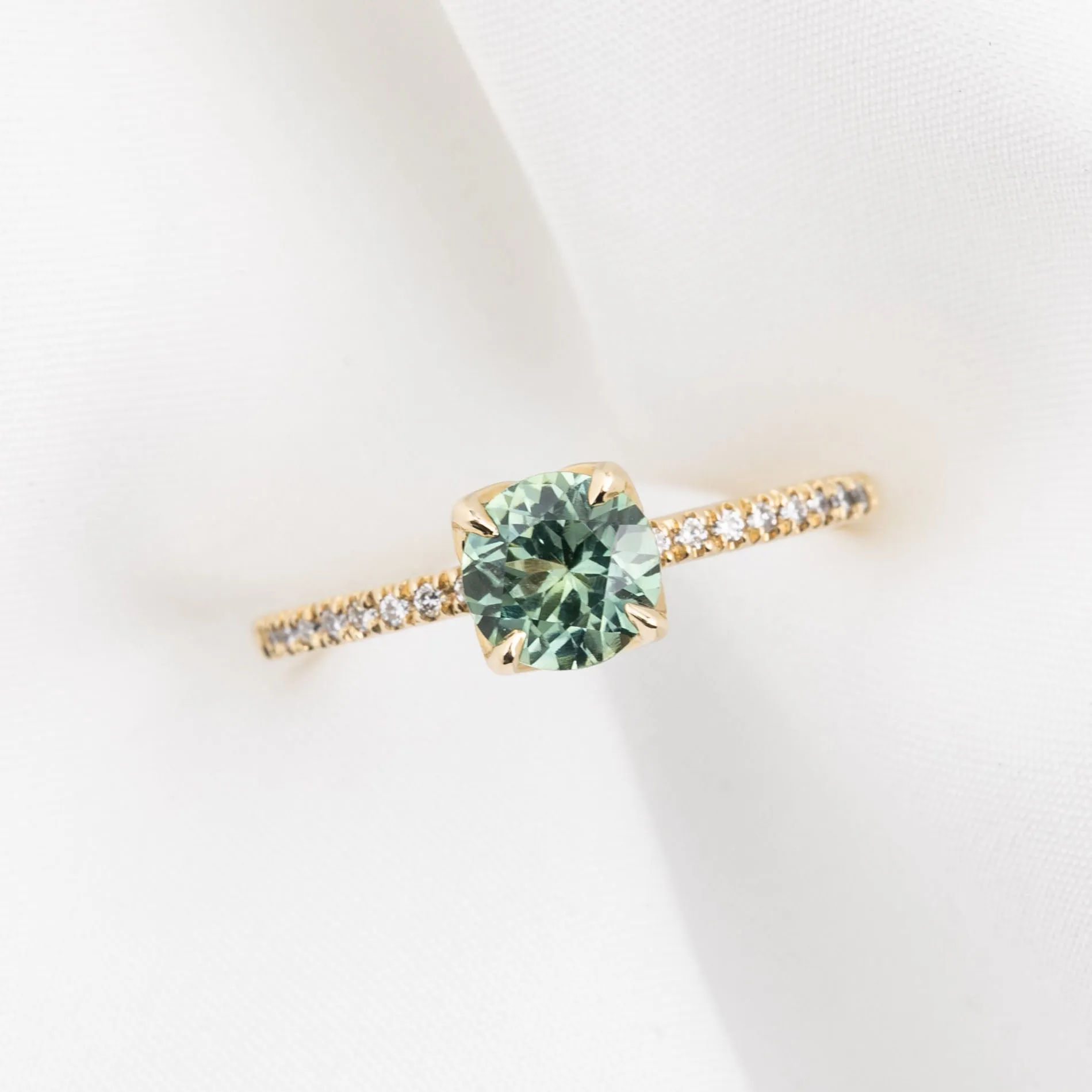 Maria Ring 1.08ct Light Blue Green Montana Sapphire, 14K Yellow Gold (One of a kind)