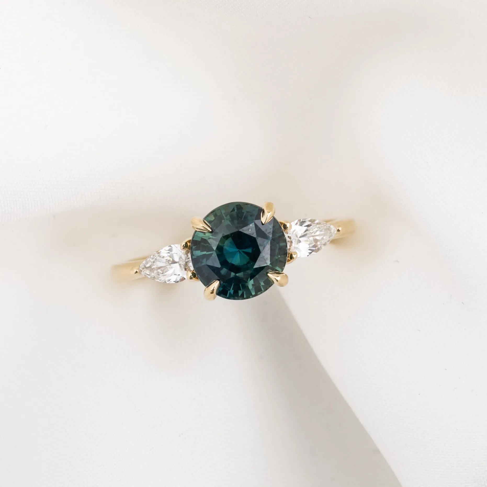 Olivia Grand Ring 2.45ct Blue Green Madagascar Sapphire, 14k Yellow Gold (One of a kind)