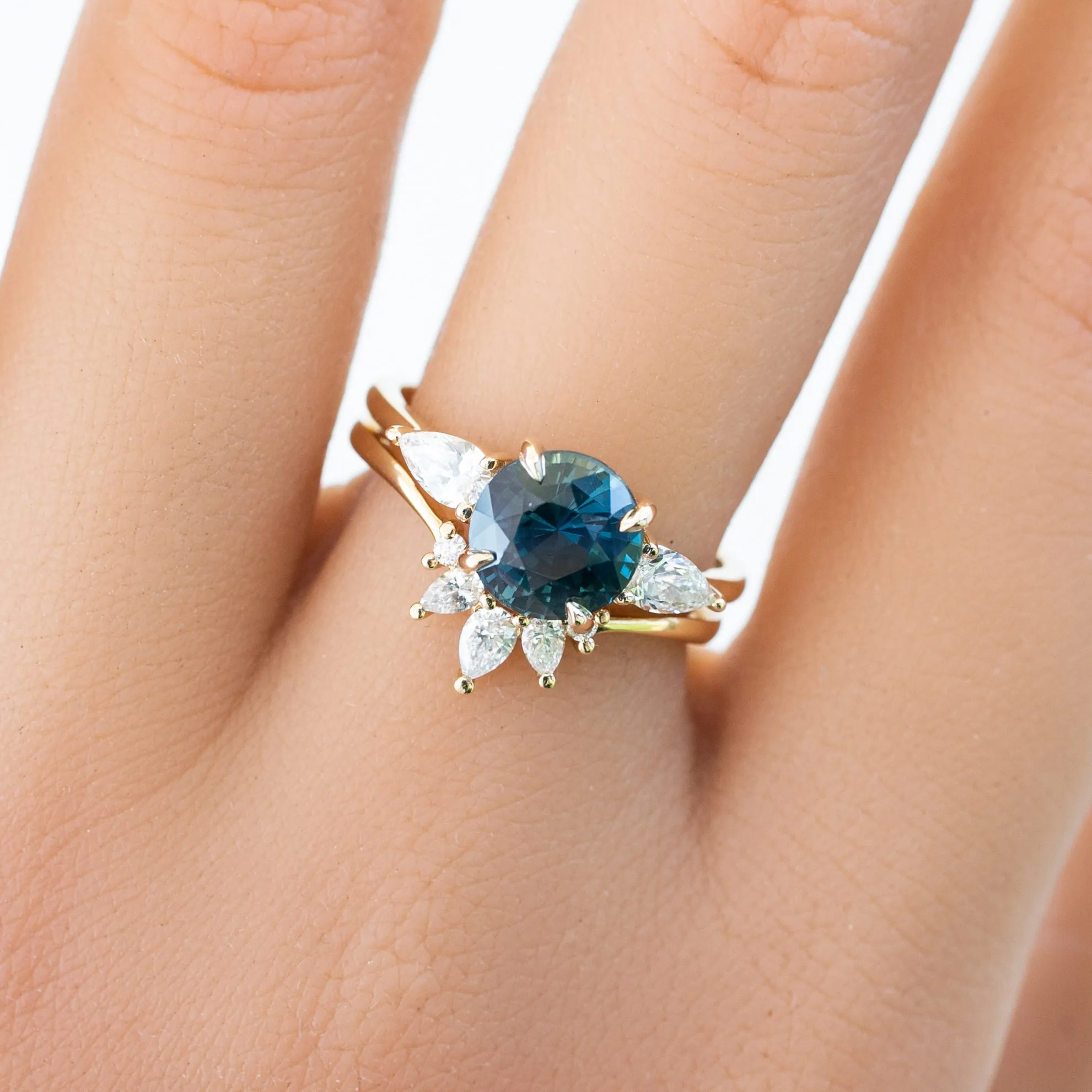 Olivia Grand Ring 2.45ct Blue Green Madagascar Sapphire, 14k Yellow Gold (One of a kind)