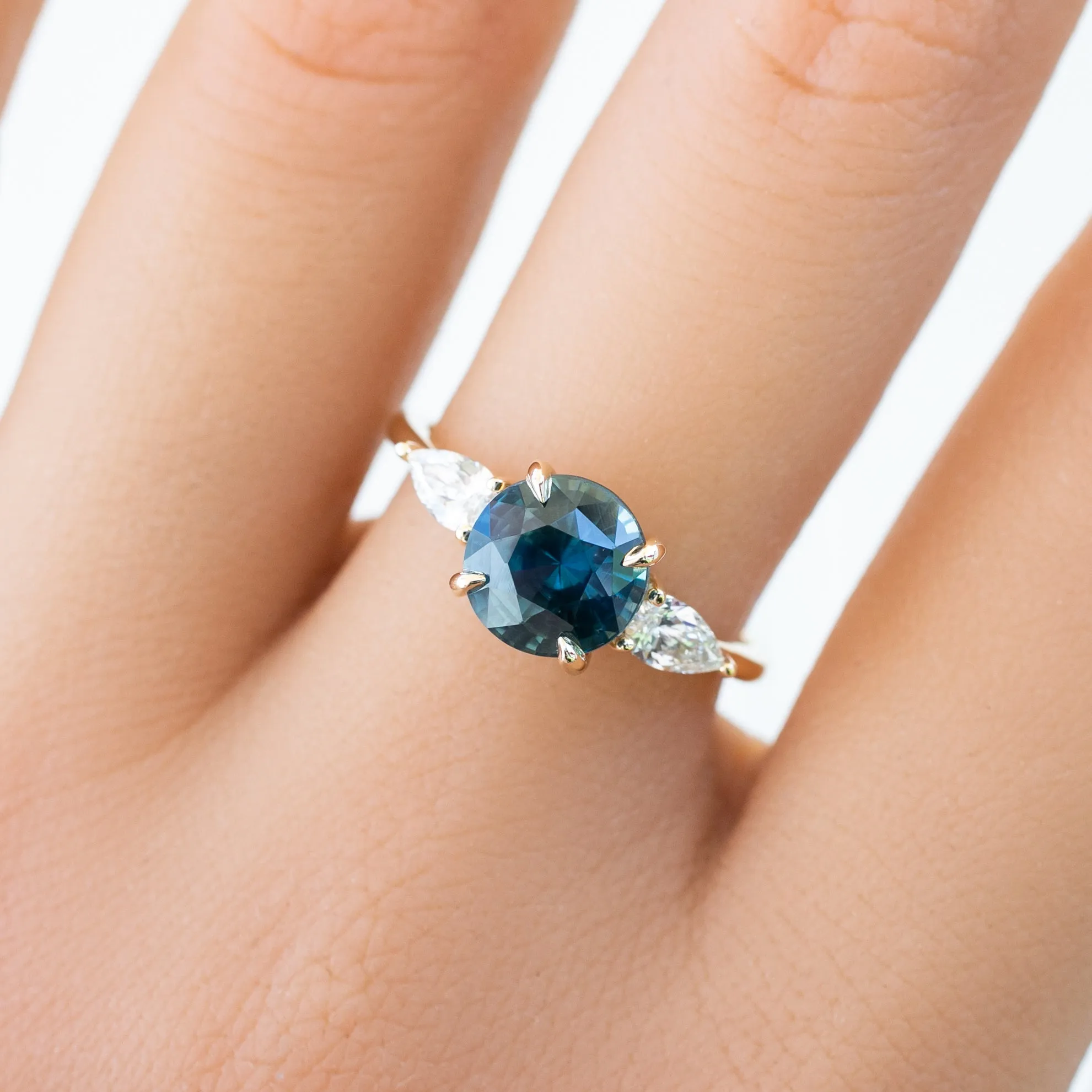 Olivia Grand Ring 2.45ct Blue Green Madagascar Sapphire, 14k Yellow Gold (One of a kind)