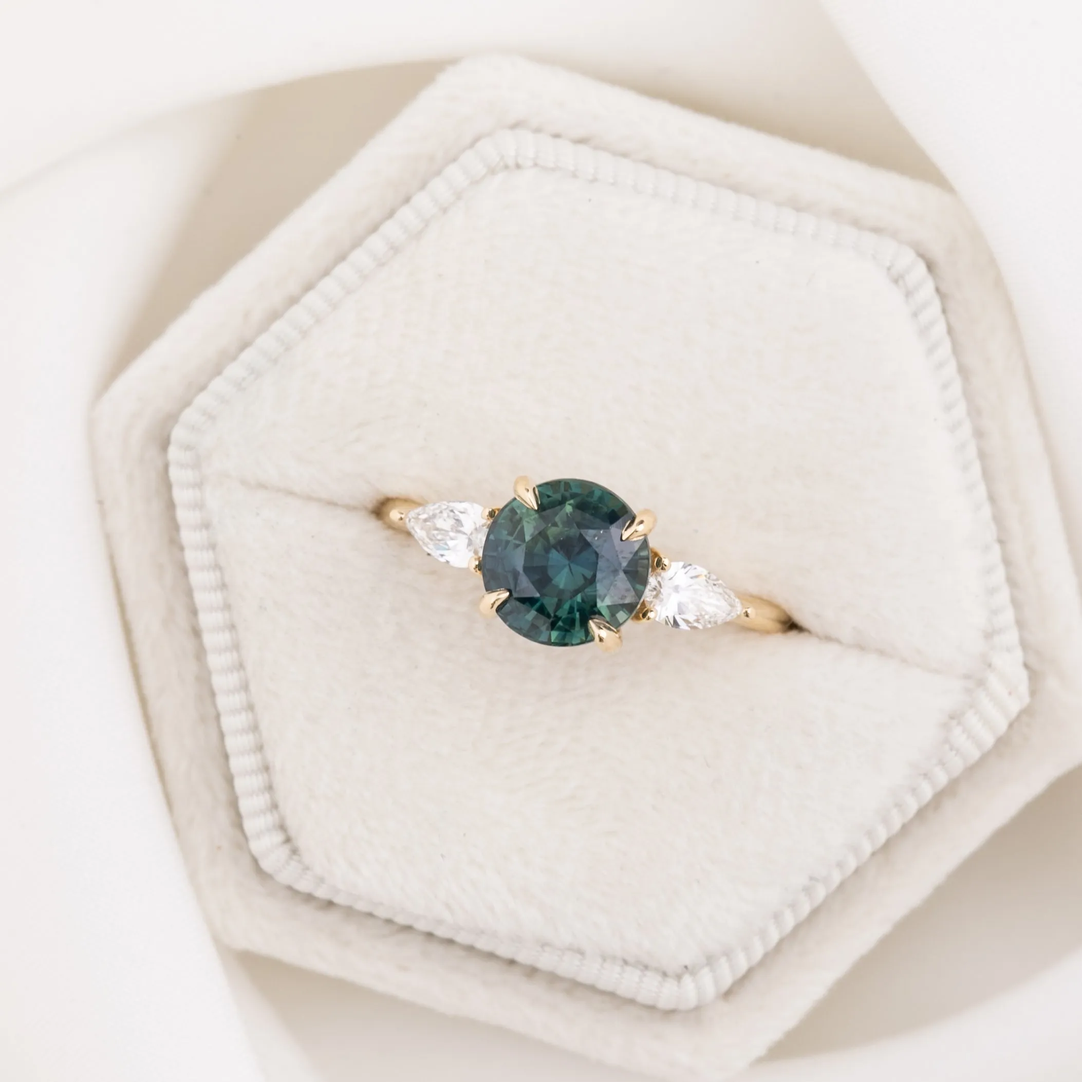 Olivia Grand Ring 2.45ct Blue Green Madagascar Sapphire, 14k Yellow Gold (One of a kind)