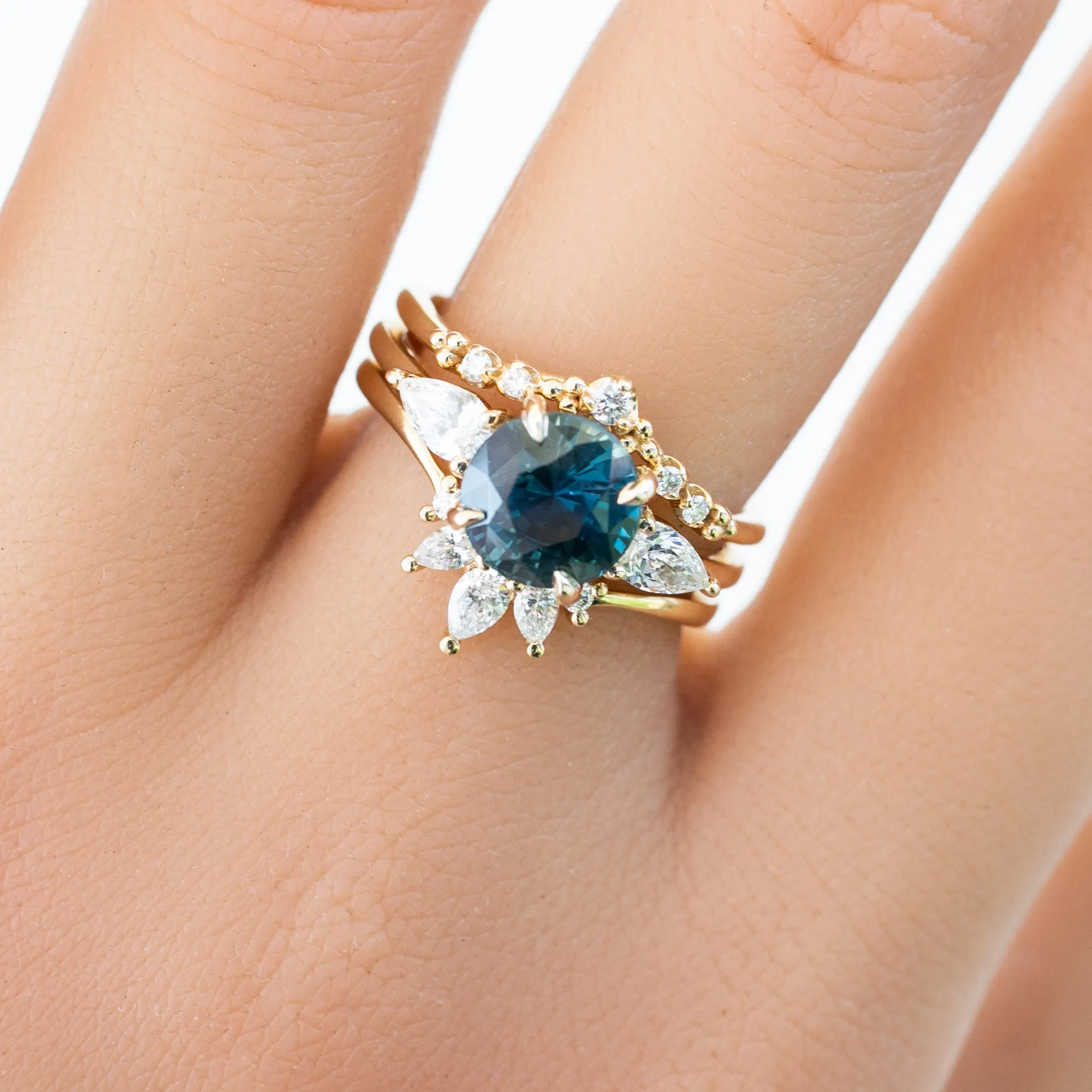 Olivia Grand Ring 2.45ct Blue Green Madagascar Sapphire, 14k Yellow Gold (One of a kind)