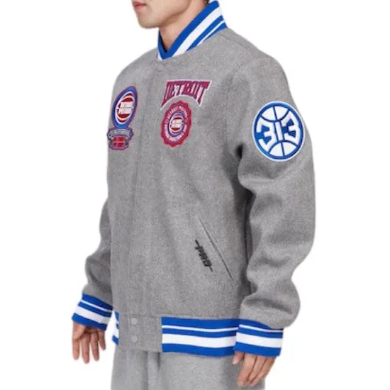 Pro Standard Detroit Pistons Crest Emblem Varsity Jacket (Heather Grey/Royal)