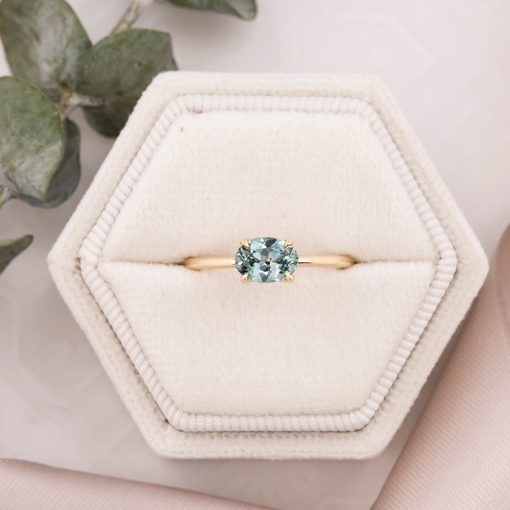 Sara Ring 1.04ct Light Blue Green Oval Montana Sapphire, 14K Yellow Gold (One of a kind)