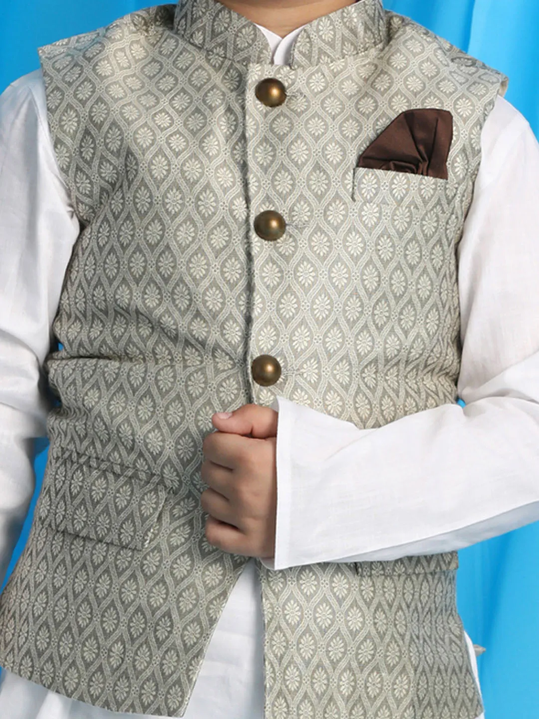 VASTRAMAY Boy's Beige Woven Jacket With White Kurta and Pyjama Set