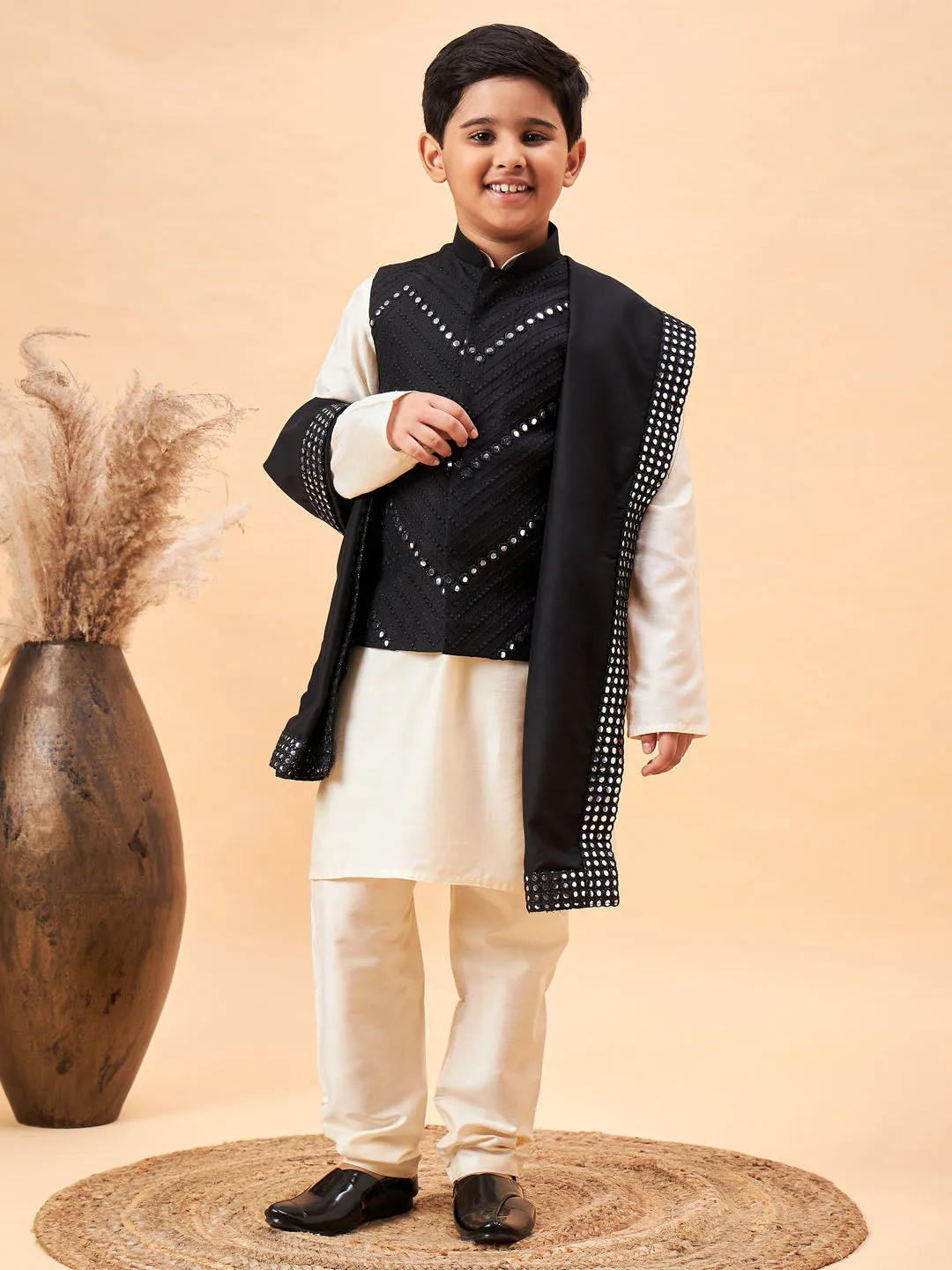 VASTRAMAY Boy's Black Mirror Work Jacket And Solid Kurta Pyjama Set With Black Ethnic Dupatta