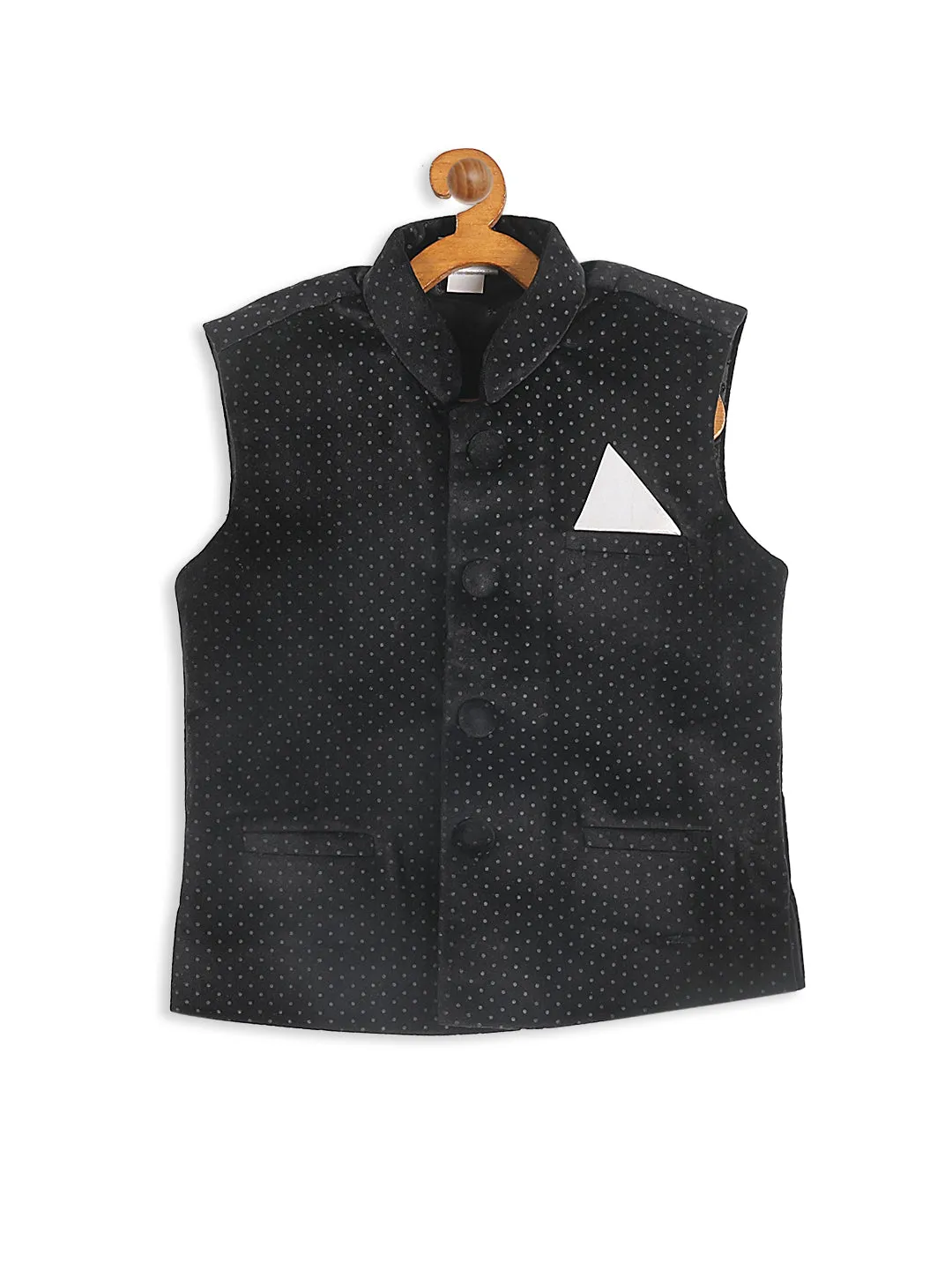 VASTRAMAY Boy's Black Polka Dot Printed Slim-Fit Nehru Jacket