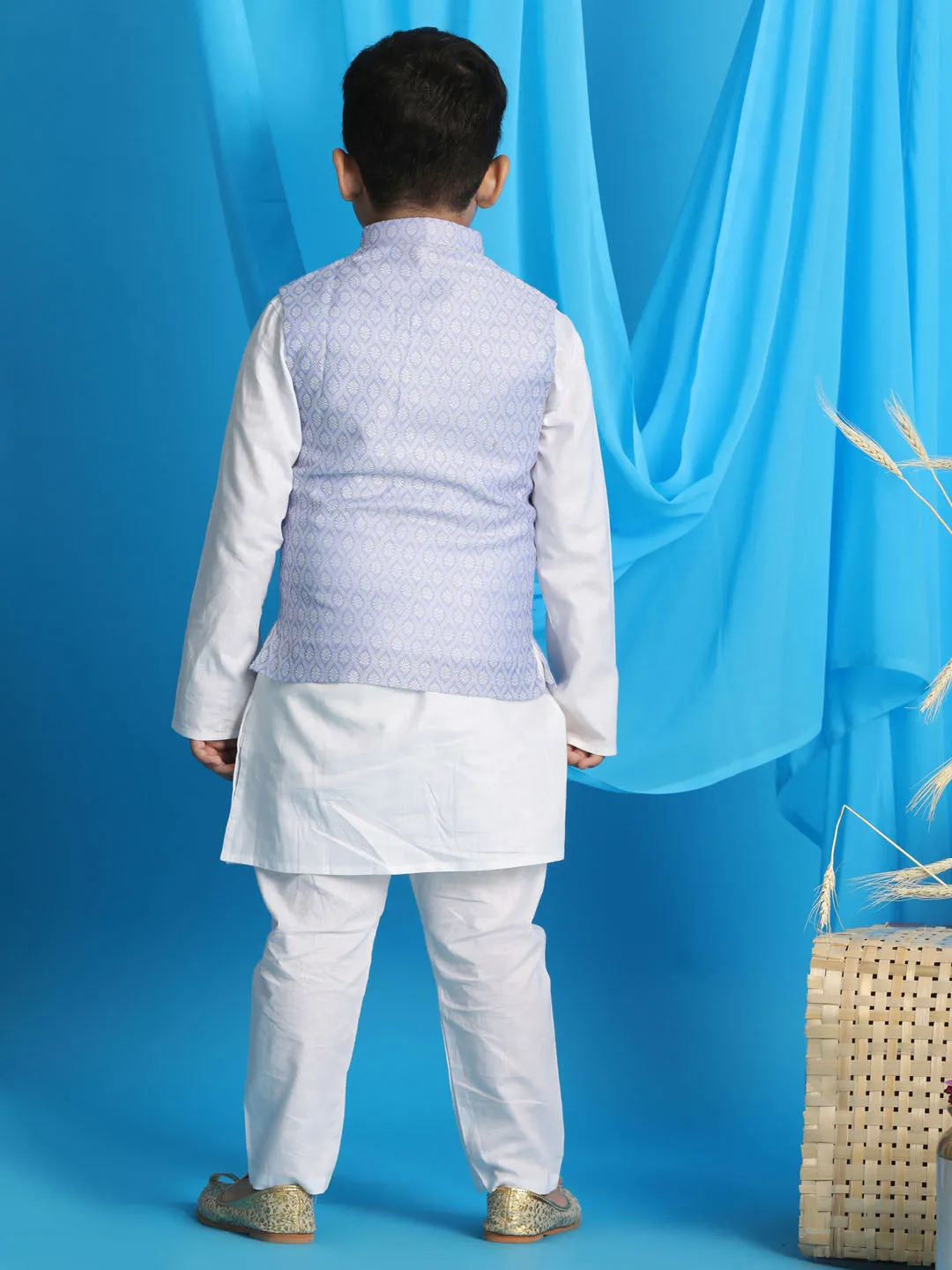 VASTRAMAY Boy's Lavender Woven Jacket With White Kurta and Pyjama Set