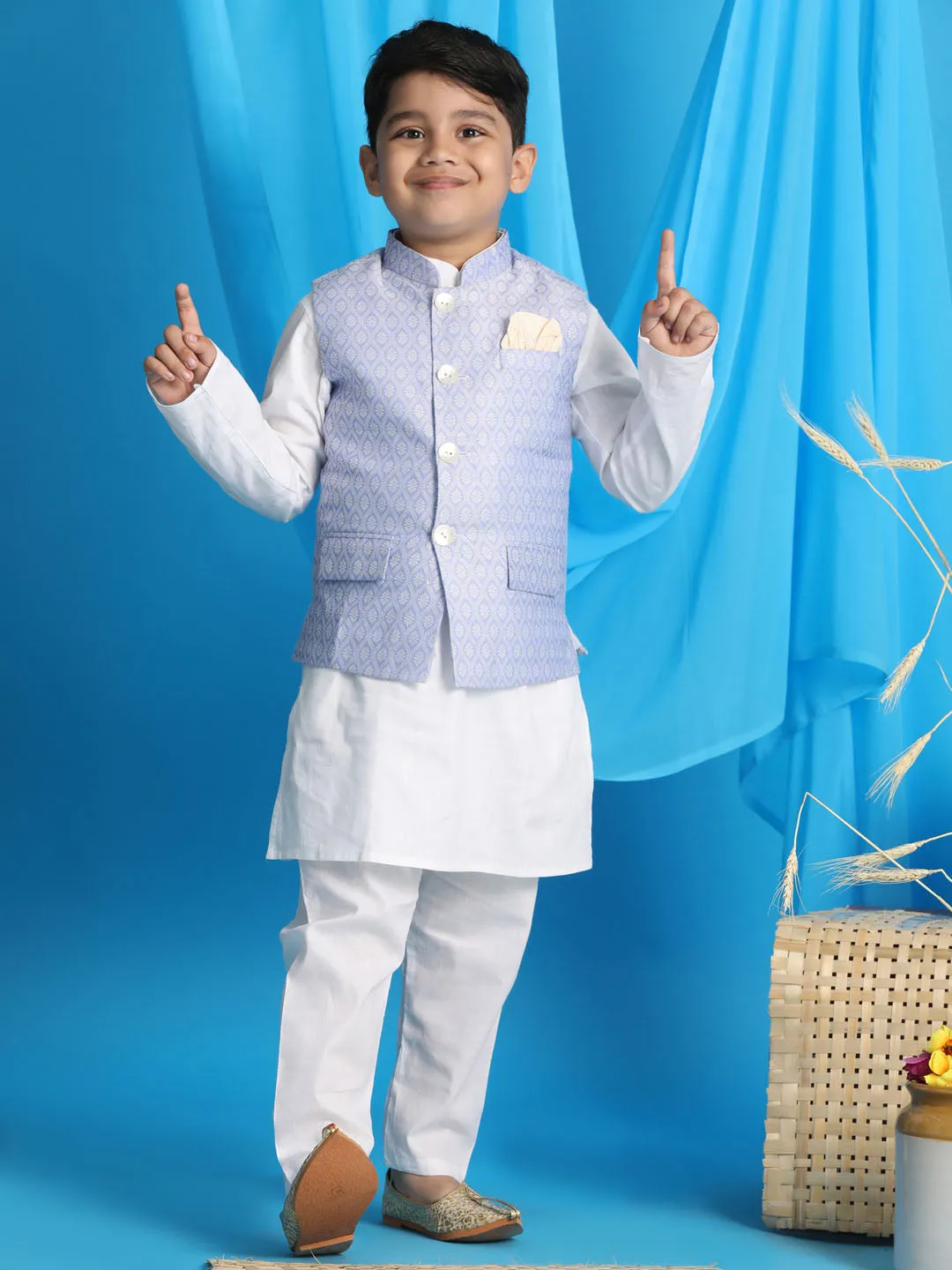 VASTRAMAY Boy's Lavender Woven Jacket With White Kurta and Pyjama Set