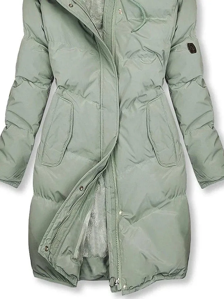 Women's Windproof Green Puffer Jacket with Hood and Zipper Pockets